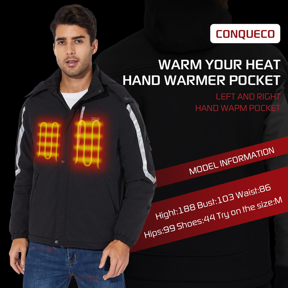 263- Men's Heated Jacket- Windproof and Waterproof with Reflective Safety Strips- Black