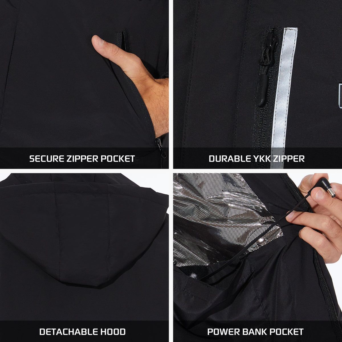 263- Men's Heated Jacket- Windproof and Waterproof with Reflective Safety Strips- Black