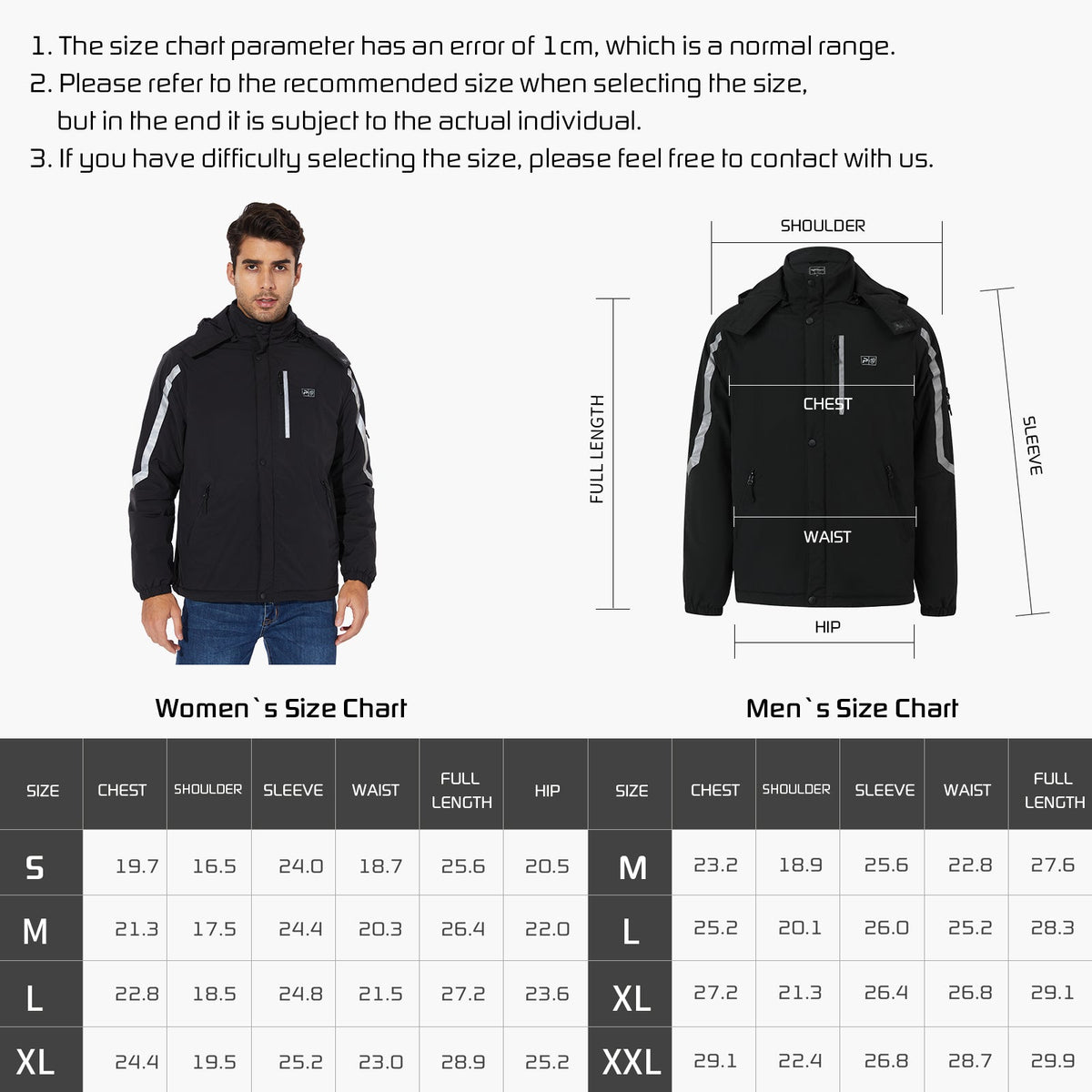 263- Men's Heated Jacket- Windproof and Waterproof with Reflective Safety Strips- Black