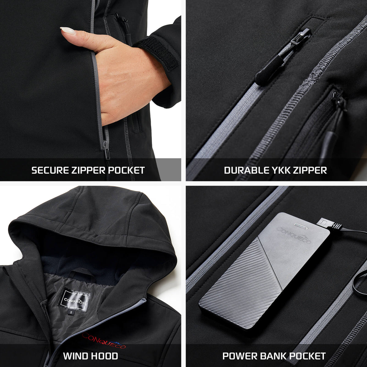 COMJ204- Women's Heated Jacket Shell Soft Waterproof & Windproof-Black